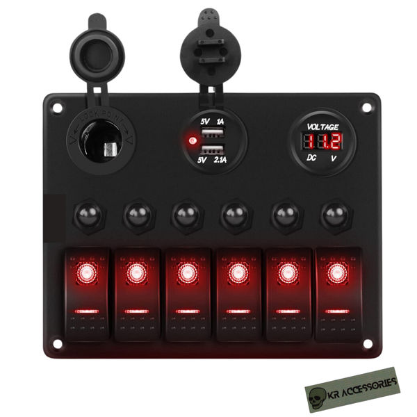 KR 6 Gang On/Off Rocker Switches, Voltmeter, Dual USB &amp; Cig Socket Panel