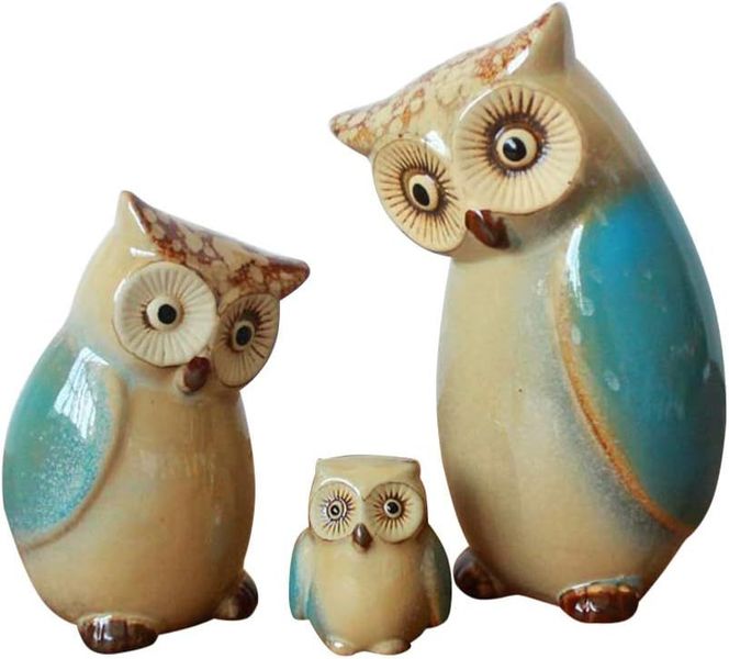 Decor 3Pcs Garden Porcelain Owl Table Top Family Animal Sculpture