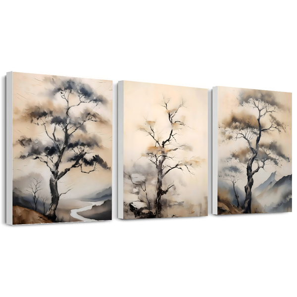 A3 Wall Art Prints on White Veneered Chipboard - Japandi Neutral Tree - Set of 3