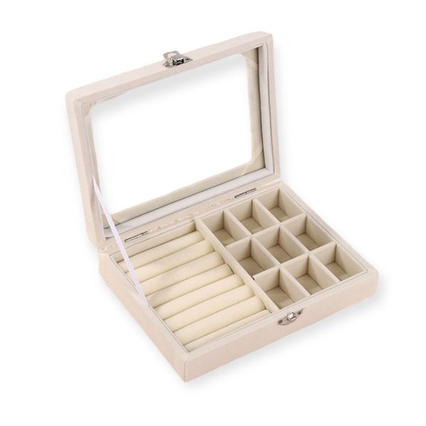 Flannel Jewelry Box with 9 Grids &amp; Ring Compartment Clear Lid Jewelry Box
