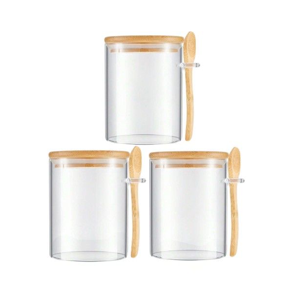 3 Piece - Reusable Glass Jars With Airtight Bamboo Lid &amp; Spoons - Clear