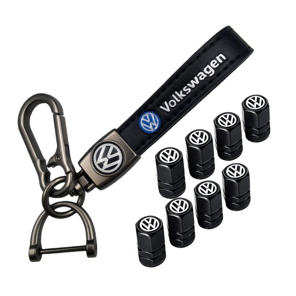 Tire Valve Caps &amp; Leather Keychain Car Accessory Set Compatible with VW