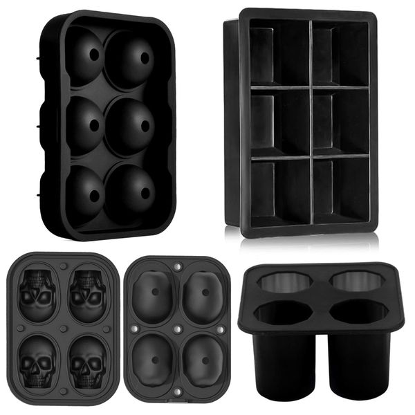 4 Pack Silicone Ice Cube Molds with Lid 3D Skull Round Square Ice Ball