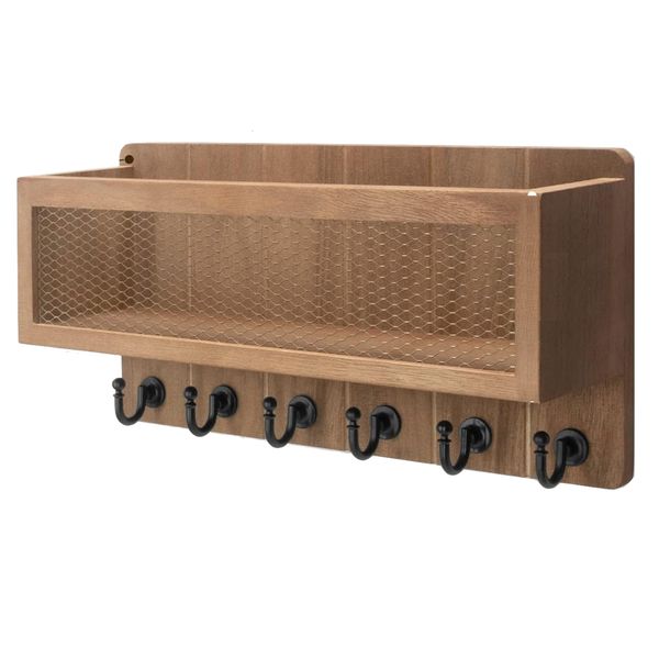 Decor Multi-Use Wall Mounted Wooden 6 Hook Floating Shelf Organiser - 33cm