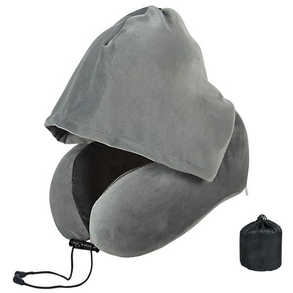 Neck Pillow Travel Pillow Hooded U-Shaped Memory Foam with Storage Bag