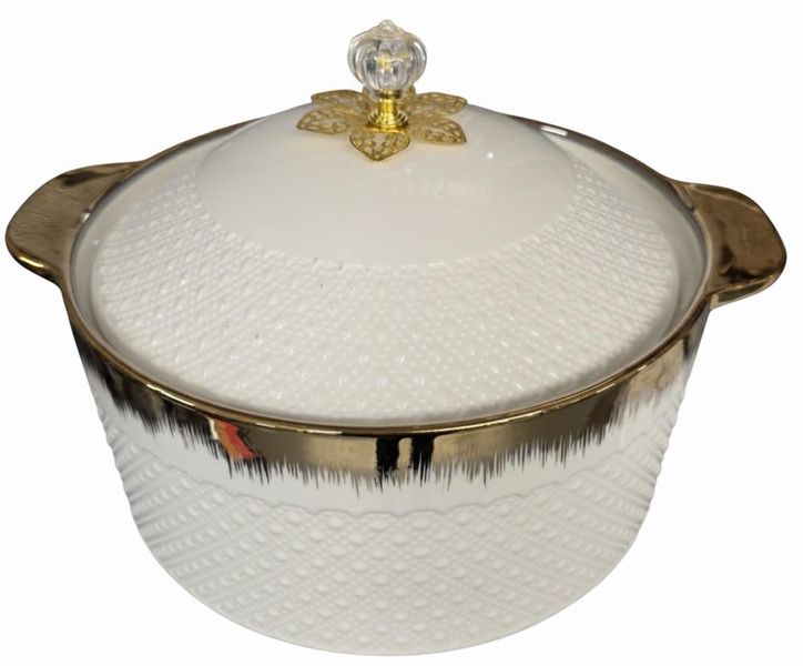 Double-Handled White Ceramic Serving Bowls with Lid - Gold Plated