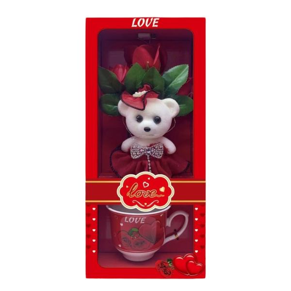 Red Gift Cup With Roses and Teddy Bear attached with Melody playing Speaker