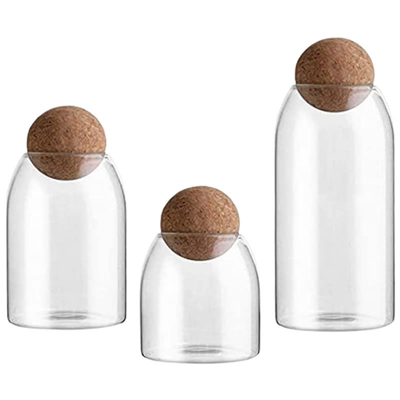 3Pcs Clear Glass Jar with Cork Ball Lid Food Storage Jar Glass Canister