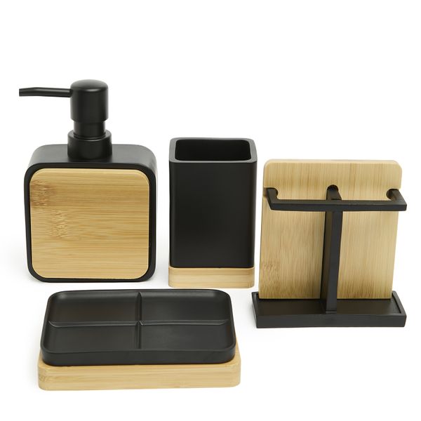 George &amp; Mason - Bamboo &amp; Black Ceramic 4 Piece Bathroom Accessory Set