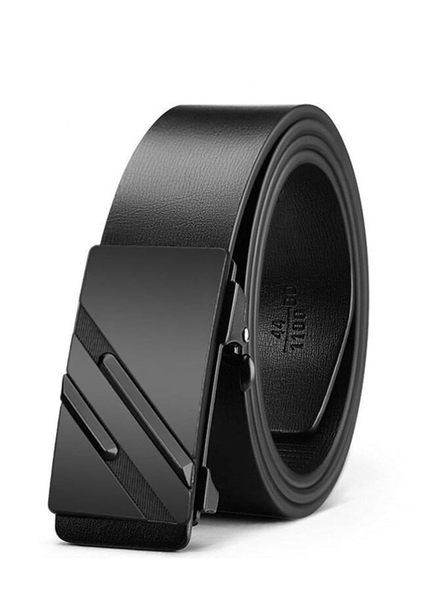 120cm Black Leather Belt with Automatic Alloy Buckle - Double Black Stripe
