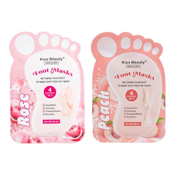 Set of 2 - KissBeauty Rose Peach 4in1 Exfoliating Peeling Foot Masks