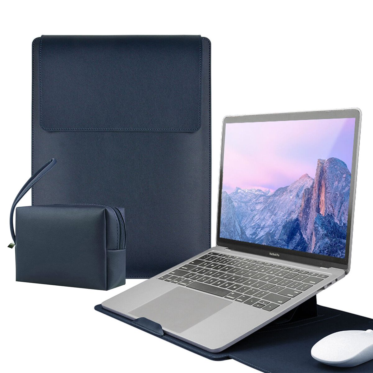 14 Inch Leather Laptop Sleeve with Foldable Stand and Power Adapter Pouch