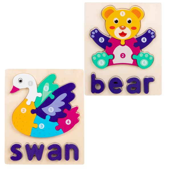 Colourful Wooden Swan and Bear - Educational Puzzle Set