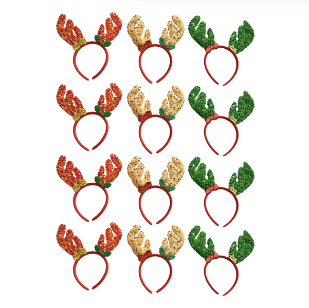 Pack of 12 Fun Christmas Headbands - Sequins Reindeer