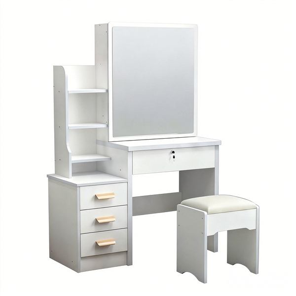 White Dressing Table Set with Mirror, Stool &amp; Multi-Storage Cabinets
