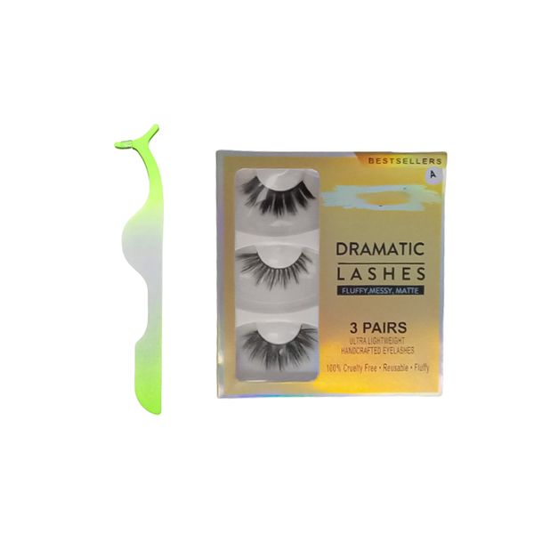 Dramatic Lashes #A &amp;Eyelash Tweezers Eyelash Curler Green - 3 Pairs