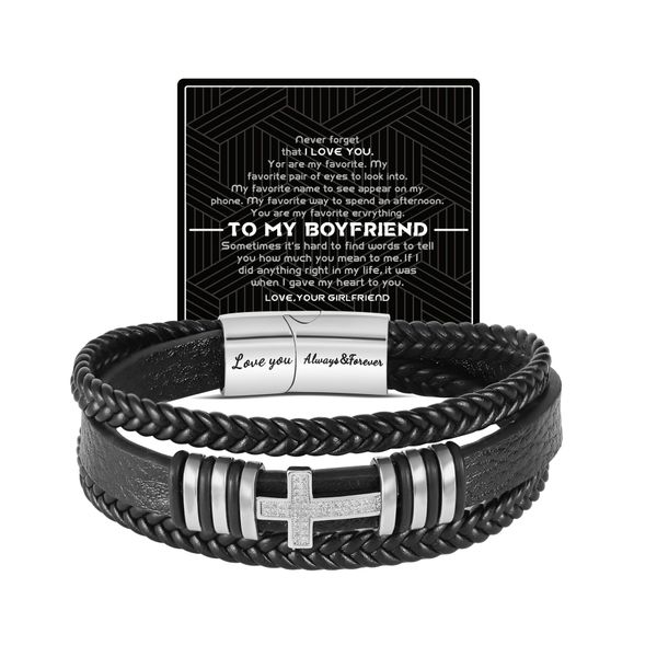 Cross Leather Braided Bracelet,Mens Jewelry Gift Idea for Boyfriend Husband