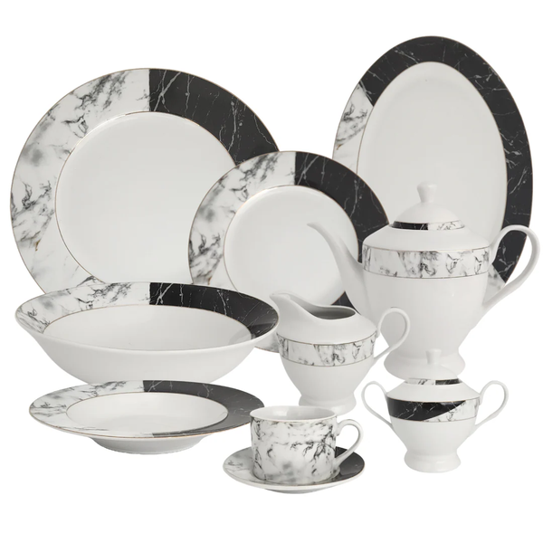 Dinnerware Set - White and Black with Gold Rings - 47 Piece Set