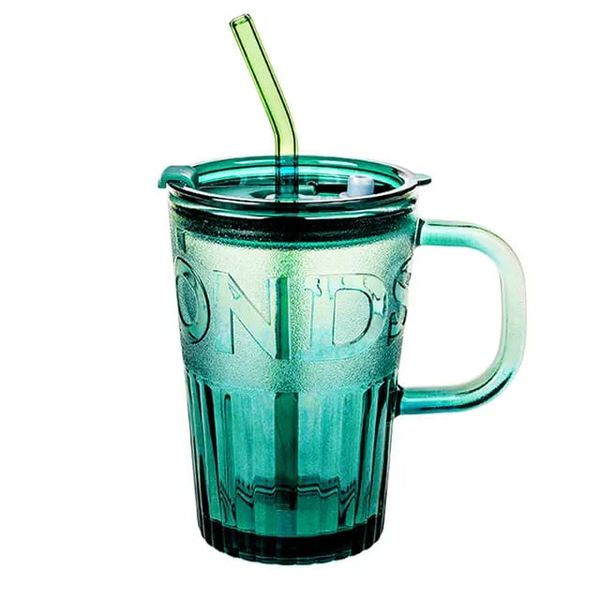 Transparent Colored Glass Cup with Handle Lid and Straw