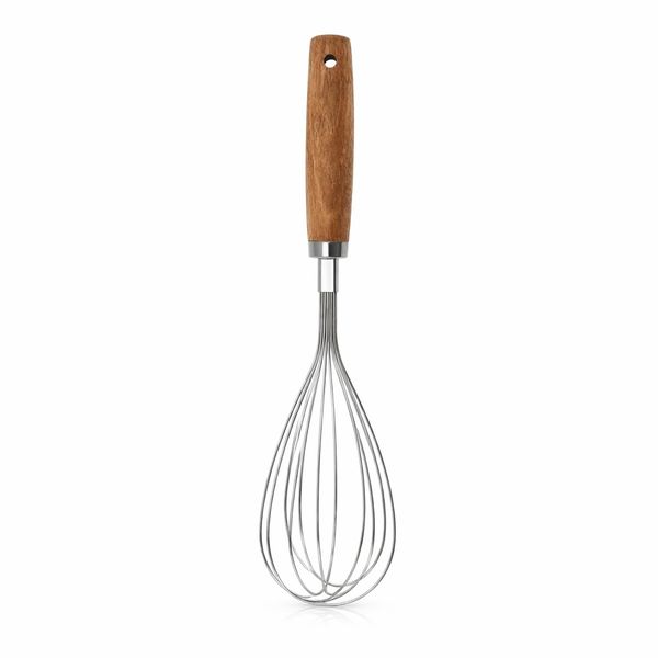 Manual Kitchen Whisk With Wooden Handle - Silver , Natural Wood