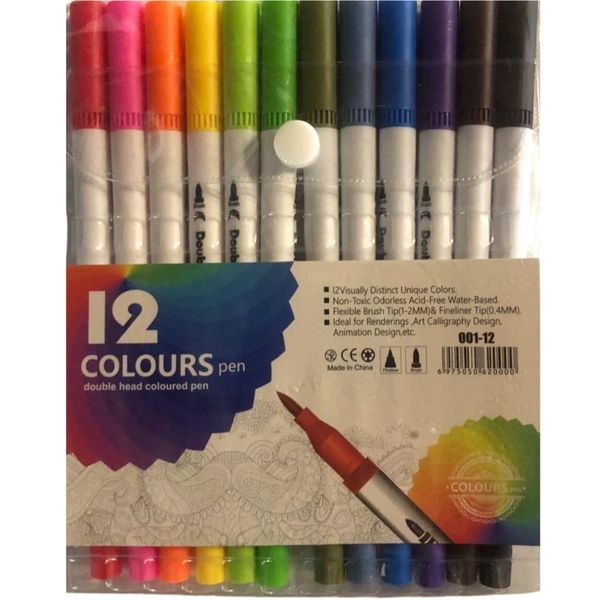 Dual Tip Brush Pen Fineliner Colour Marker set of 12
