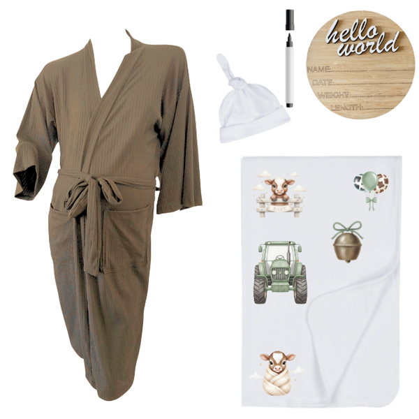 Hospital Set-Mom&amp;Me-Brown Summer Gown, Swaddle &amp; Birth Ann- Farmer Pink