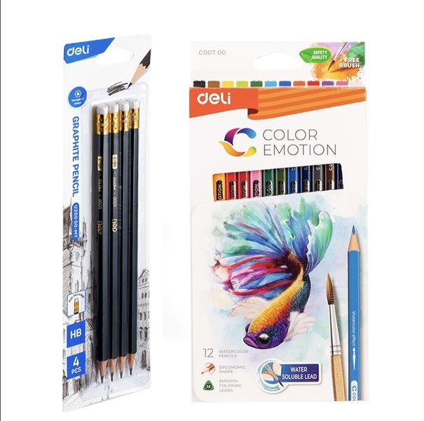 Deli 12 water colour pencil Triangular with 4 Graphite HB Pencil value pack
