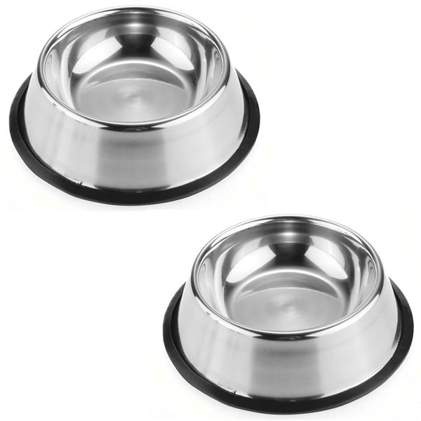 2x Stainless Steel 18cm Dog/Cat Bowls with Rubber Non-Slip Base