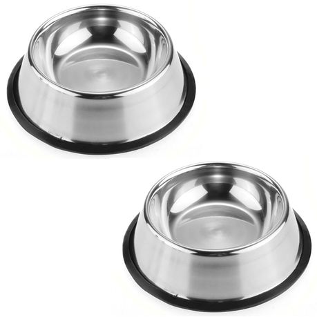 2x Stainless Steel 26cm Dog Cat Bowls with Rubber Non Slip Base