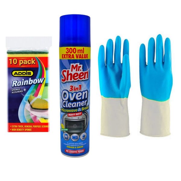 Mr Sheen Oven Cleaner + Addis Sponges + Addis Flock Lined Household Gloves