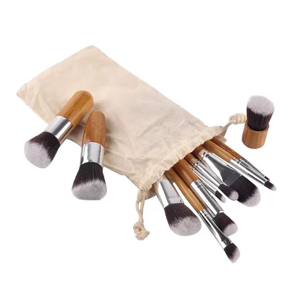 11Pcs Bamboo Makeup Brushes in Convenient Drawstring Bag