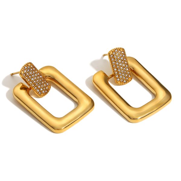 Square Buckle Cubic Zirconia 18k Stainless Steel Gold Plated Earrings