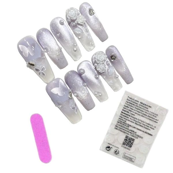 10 Piece - Lavender Butterfly &amp; Floral Coffin Nails with Pearl Accents