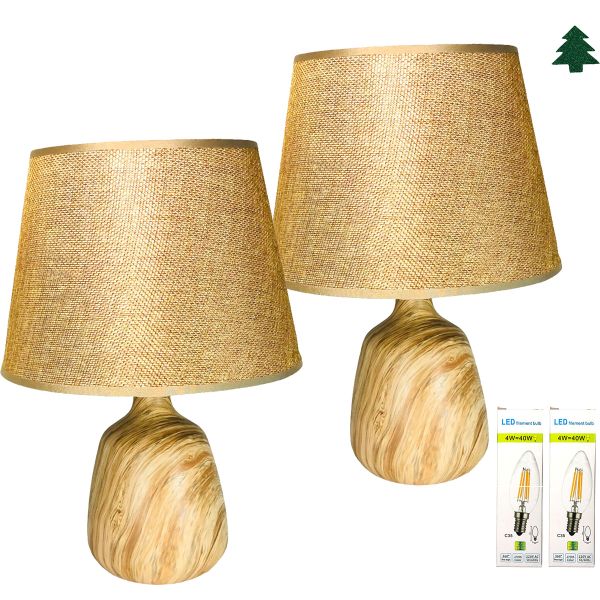 Fabric Bedside Lamp Shade with Brown Ceramic Set Of 2