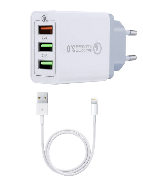 iLite 6.4A 3-Port Qualcomm Charging Wall Adapter with Lightning Cable