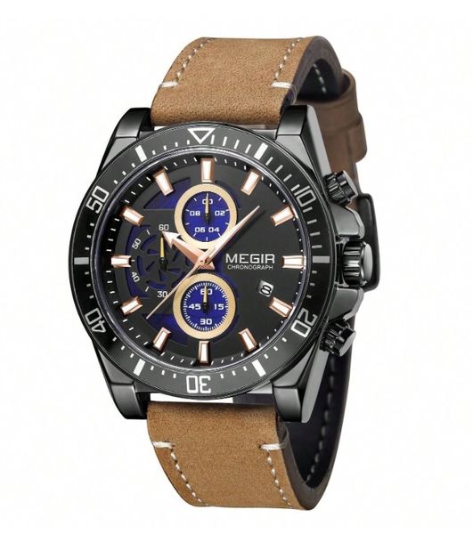MEGIR - Water Resistant Quartz Watch With Chronographic Dial - Brown/Black