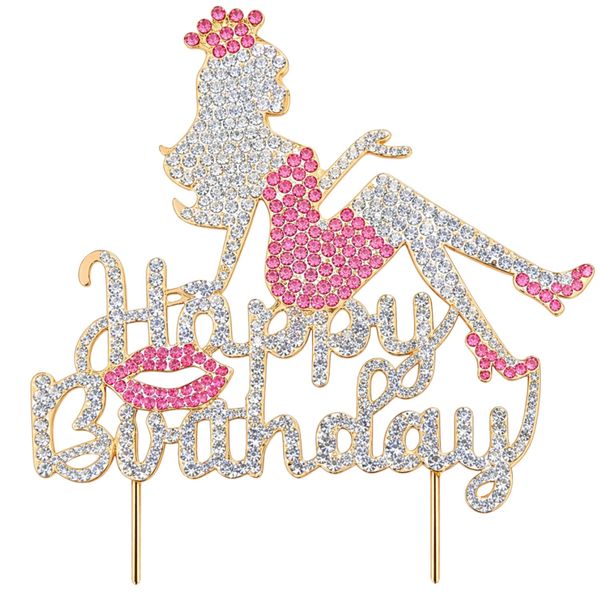 Luxury Rhinestone Happy Birthday Queen Cake Topper - Pink