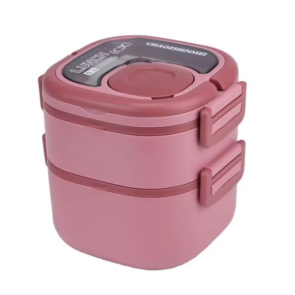 Pink-Green-White-Blue Plastic Rectangular 2 layer Lunch Box