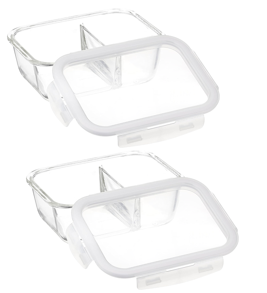 Rectangular Glass Food Storage Container 2 Compartment Meal Prep 660ml 2PC