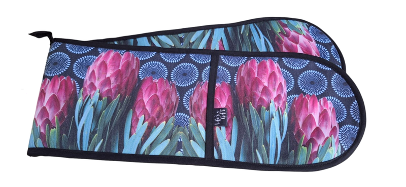 Life's a Gift Heat-Resistant Oven Glove/Mitt -Perfect Pink Proteas on Blue Pattern