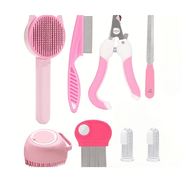 ALANES 8 Pieces Cat Dog Brush Grooming Kits Pet Nail Clipper and File-Pink
