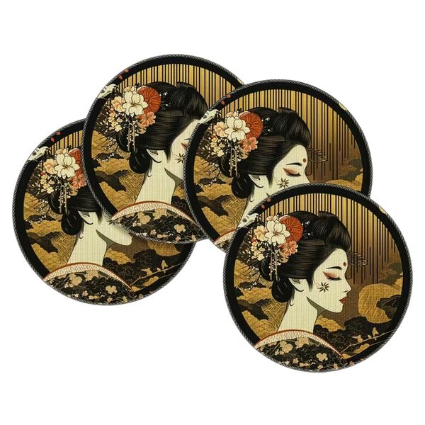 Geisha Artwork 38 cm Round Woven Polyester Fabric Placemats