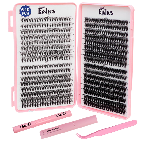 640 Pieces Lash Clusters Extension Kit With Lash Bond, Seal, Remover &amp; Tweezer