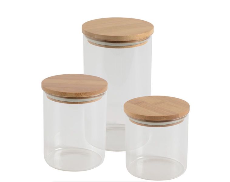 Set of 3 Clear Glass Storage Jars with Bamboo Lids