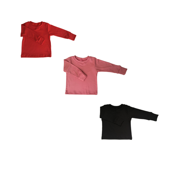 Baby Toddler Shirt x3-Fold Over Cuffs-Rib- Red, Pink &amp; Black