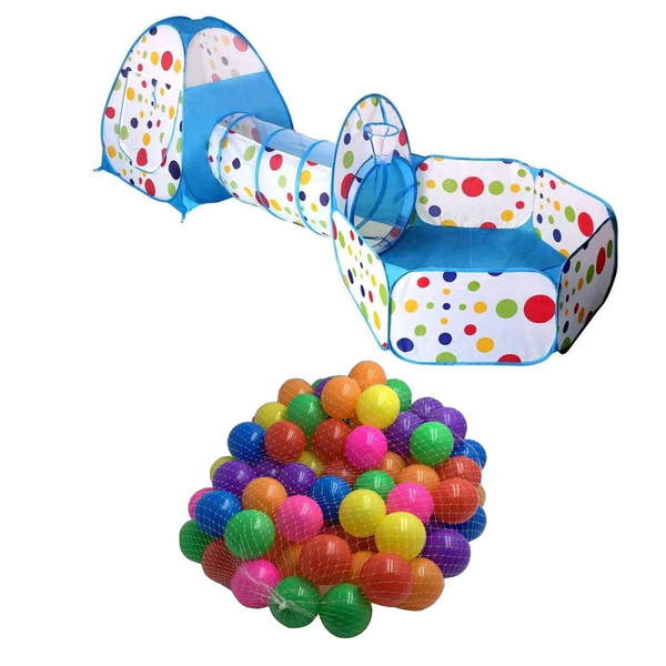 Kids Foldable Play-Tent Tunnel &amp; 100 Pcs Mini Ball