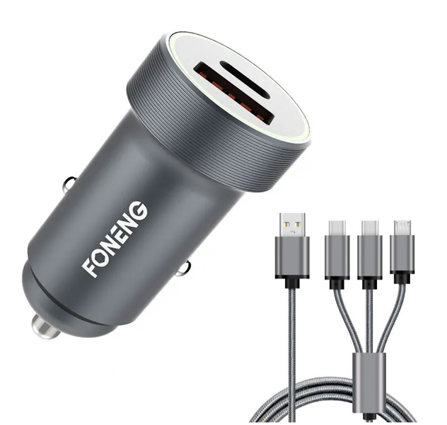 30w Foneng Qc+PD Metal Car Charger Kit + 3 in One Foneng Car Charging Cable