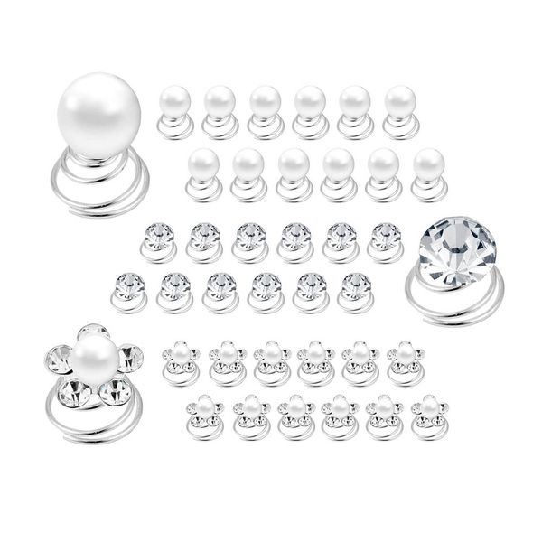60 Piece 3 Shapes Gems Rhinestone Twister Hair Studs Set-Crystal, Pearl