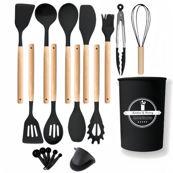 14-Piece Portable Silicone Kitchen Set, Including Spoons and Oven Mitts