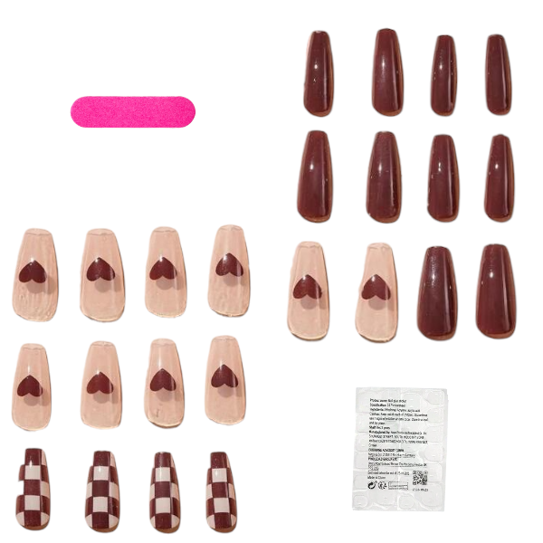 24Piece Checkered and Heart Design Almond Shaped Press-On Nails - Brown